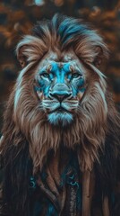 Fototapeta premium Majestic lion with blue tribal markings in forest, portrait. Wildlife and fantasy art concept