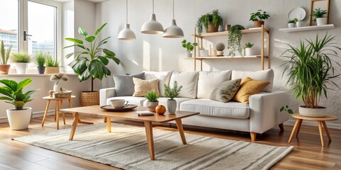 White Sofa Living Room with Plants and Wooden Accents, Interior Design, Home Decor, Minimalist