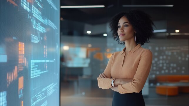 Professional woman reviewing data on digital screens in high-tech data center - Powered by Adobe