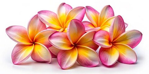 Fototapeta premium Plumeria Flower Cluster Close-Up Macro Photography of Pink and Yellow Petals, Tropical Flower, Frangipani, White Background, flower, tropical, frangipani