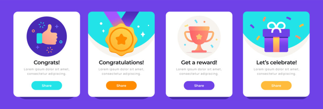 Set of congratulations pop up banners. Design elements for user interface of website or app. Digital posters for receiving reward or gift. Cartoon flat vector illustration isolated on background