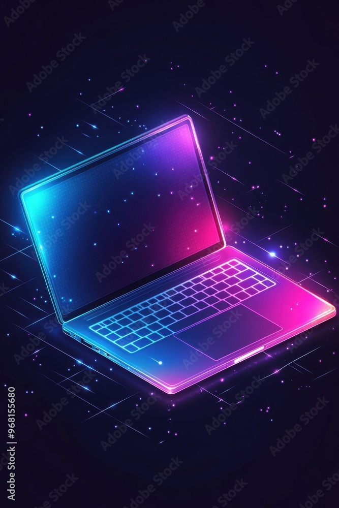 Wall mural Isometric  illustration of a glowing neon laptop with a futuristic digital design on a dark background