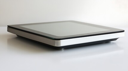 An digital kitchen scale with a sleek, reflective surface and clear, digital display, isolated on a white backdrop.
