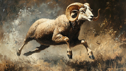 Artistic Style Painting of a Running Ram Aspect 16:9