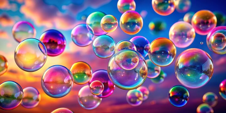 Rainbow Bubbles Floating Against Sunset, Bubbles, Sunset, Rainbow