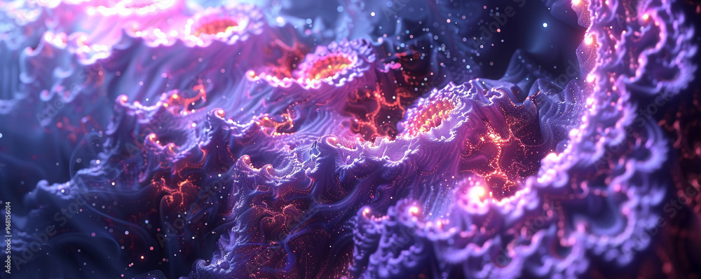 Wall mural futuristic neon fractal designs emerging from the depths of space, with radiant hues and a galactic 