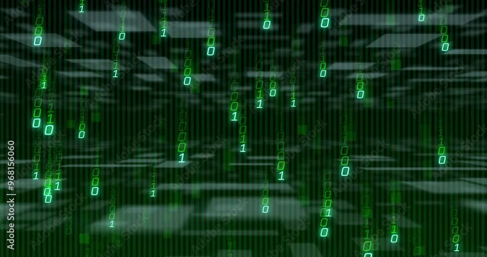 Poster animation of white shapes moving over binary coding