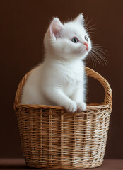 White british shorthair kitten sitting in wicker basket on brown background.