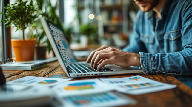 A teacher preparing for a class presentation, arranging slides and notes on a laptop.
