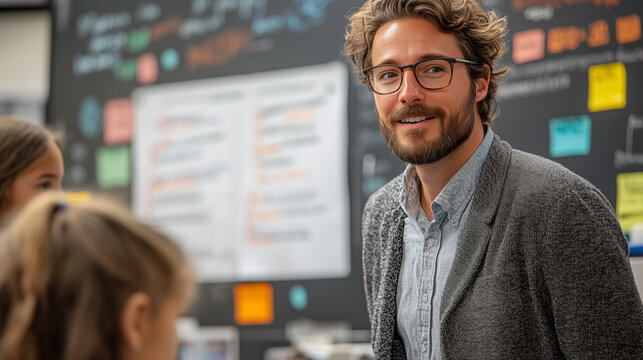 A teacher showing students how to write a research paper, with examples on the board.