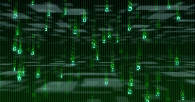 Animation of white shapes moving over binary coding
