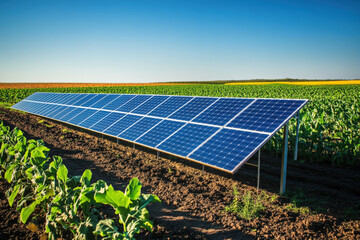 Solar panels are standing on farmland, generating renewable energy while crops grow nearby