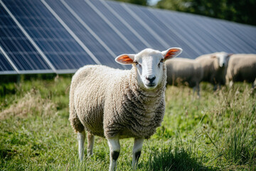 Flock of sheep grazing peacefully on a lush green pasture with rows of solar panels in the background, showcasing the concept of agrivoltaics