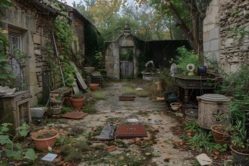 Overgrown Serenity: An Abandoned Courtyard Filled with Nature's Touch
