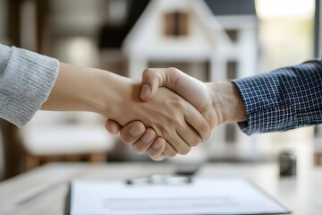 Sealed Deal: A close-up shot of a handshake, symbolizing a successful agreement, a new beginning, and a shared vision. A house model in the background hints at a real estate transaction, adding a laye