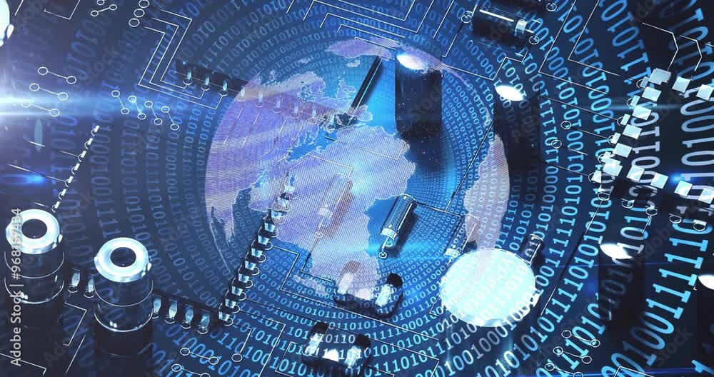 Poster animation of spinning globe over computing board and binary coding