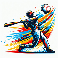Baseball player hitting a powerful shot with vibrant dynamic colors

