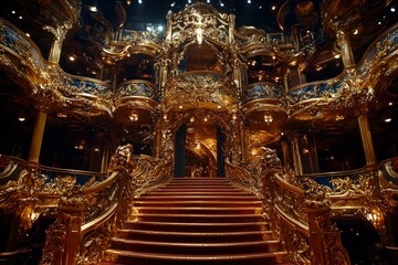 Fototapeta premium Ornate Golden Staircase Leading Upwards in a Grand Hall