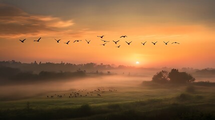 Obraz premium A flock of colorful birds flying over a lush green valley at sunrise
