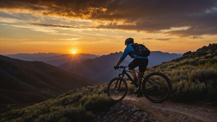 Obraz premium Mountain biker riding along a trail during a scenic sunset in the mountains