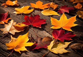 Obraz premium colorful autumn leaves scattered rustic wooden table creating warm seasonal display, vibrant, nature, foliage, orange, yellow, brown, texture, pattern
