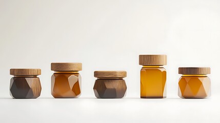 Eight small jars with hexagonal bottoms and wooden lids, arranged in a gradient from smallest to largest, isolated on a clean white background. 