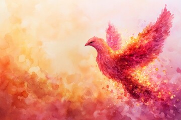 Fototapeta premium Fantasy phoenix bird made of swirling flames in orange and pink hues. Ideal for fantasy-themed designs, video game artwork, or creative marketing materials with a dynamic and fiery visual impact.