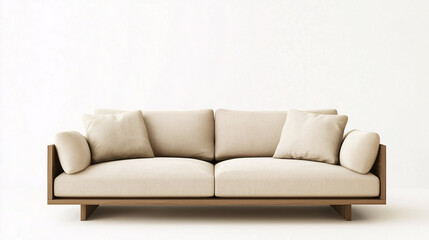 beige sofa with wooden legs isolated on white