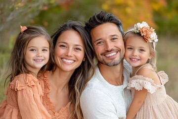 Beautiful family with two daughters posing outdoors in matching soft autumn outfits. Perfect for fall family photoshoots, lifestyle ads, or seasonal marketing materials with a warm and cozy feel.

