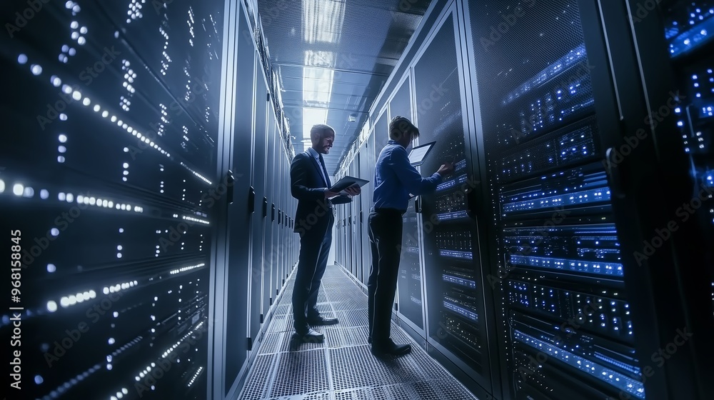 Poster it professionals monitoring server configurations in a modern data center during the afternoon shift