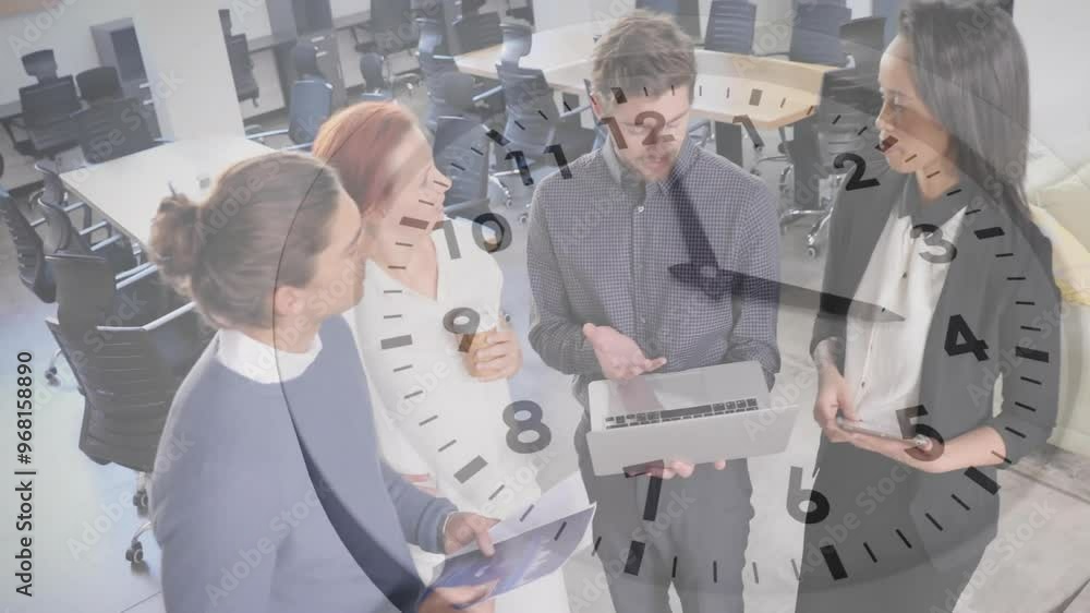 Poster animation of clock moving over diverse colleagues discussing work in office