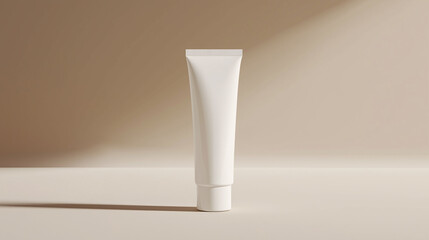 white mock up packaging of cosmetic product, squeeze cream tube isolated on beige background