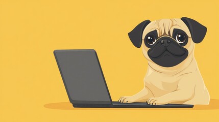 Adorable Cartoon Pug Sitting in Front of an Open Laptop on a Bright Yellow Background, Perfect for Tech and Pet-Themed Designs, Illustrations, and Marketing Materials