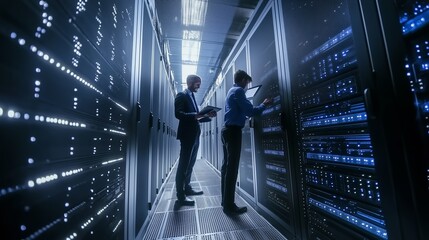 IT professionals monitoring server configurations in a modern data center during the afternoon shift