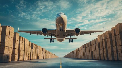 Commercial Airplane Landing on a Runway Over Cardboard Boxes