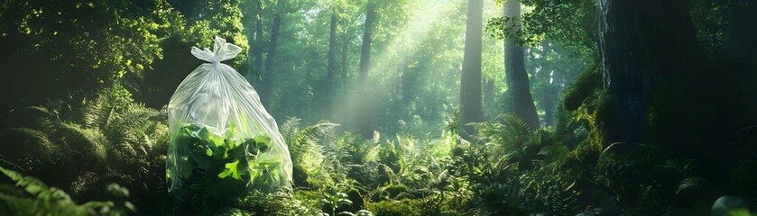 Obraz premium A serene forest scene showcasing a clear bag filled with fresh greenery, symbolizing environmental awareness and conservation.