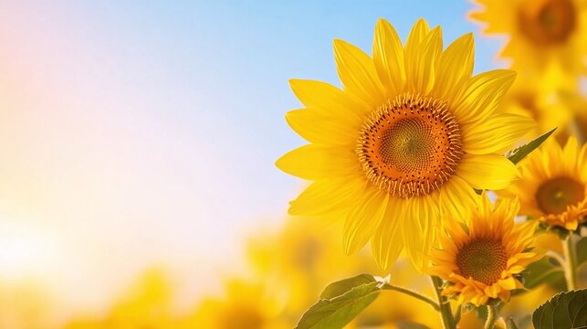 Bright yellow sunflowers against a clear blue background with ample copy space. Perfect for spring or summer-themed designs, advertising, social media banners, or nature-inspired marketing materials.
