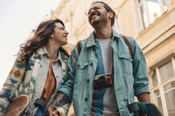 Fototapeta premium Close up of hipster couple holding hands and laughing on street.
