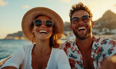 Happy Young Couple Enjoying Summer Vacation in Convertible Car: Laughter and Joy on the Road