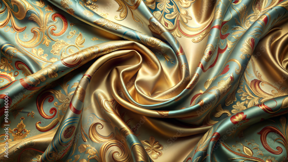 Wall mural seamless silk texture with elegant patterns in rich colors and soft lighting