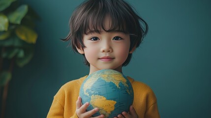 a cute korean boy holding an earth globe