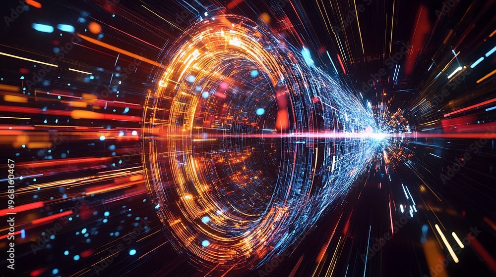 Poster a high-tech physics research center exploring the higgs boson with interactive data