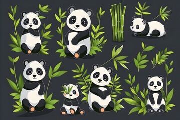 Obraz premium Adorable Cartoon Pandas Surrounded by Lush Bamboo and Greenery