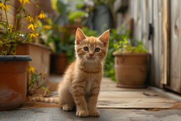 Adorable Ginger Kitten Exploring a Lush Garden Path