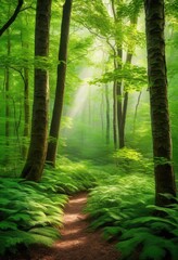Fototapeta premium dense forest featuring lush green foliage dappled sunlight filtering through tree canopy, arboreal, adventure, air, biodiversity, biomes, bright