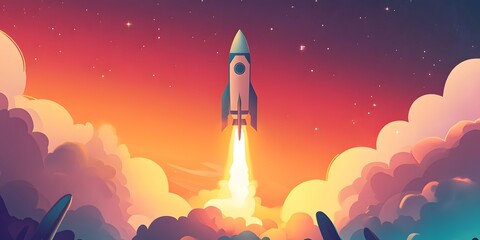 Fototapeta premium Space Rocket Flying Toward the Clouds