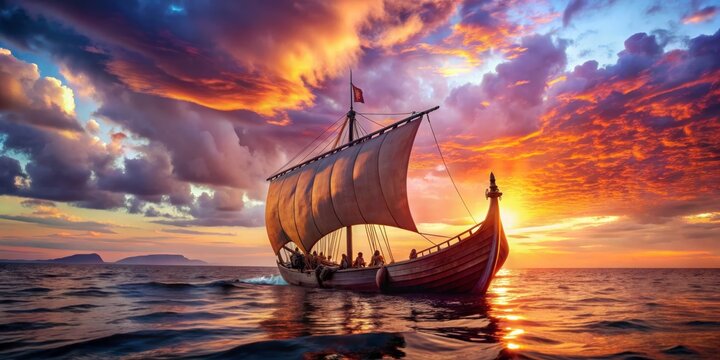 Viking Ship Sails into Fiery Sunset, Seafaring, Viking, Sunset