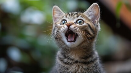 a cat with an open mouth with blur background