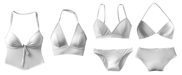 Set collection of white two piece swimwear swimsuit, triangle bikini, tankini, halter bra bralette, top bottom on transparent cutout PNG. Many different style. Mockup template for graphic design