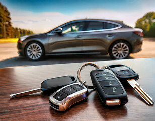 A collection of car keys and smart devices, with a luxury car visible in the background, sym